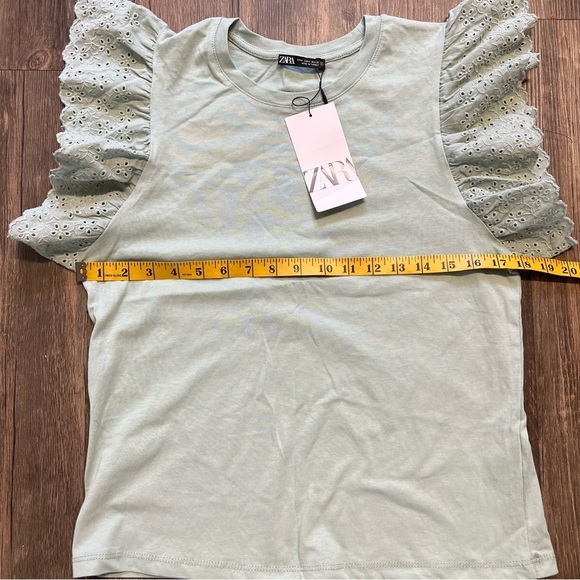 NWT Zara Green Day Ruffle Short Sleeves Round Neck Top T Shirt Size M - Picture 6 of 9
